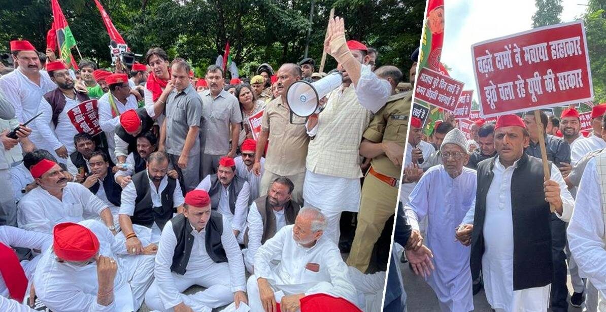 पुलिस ने रोका समाजवादी पार्टी का पैदल मार्च, धरने पर बैठे अखिलेश यादव